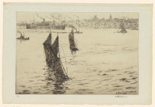 Boats and Ships Sailing Past a Town