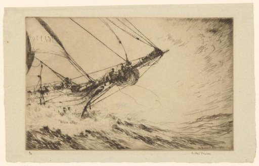 Two men lying on the bowsprit of a ship