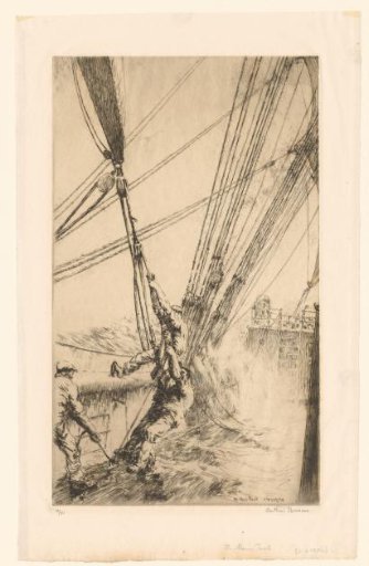 Three Men on a Ship Busy with Lowering a Sail