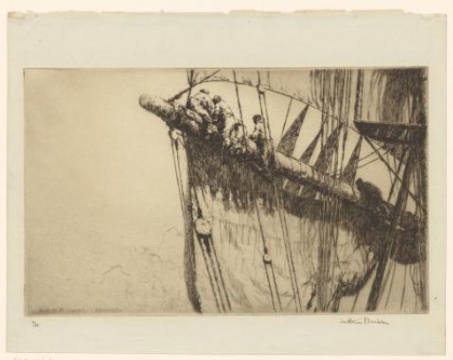 Sailors in the Rigging Securing the Jib