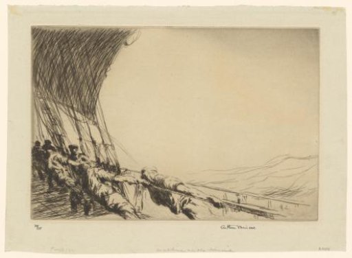 Men Pulling on a Rope to Hoist a Sail Aboard a Ship