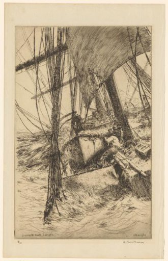 Three men securing a boat to a sailing ship in heavy weather