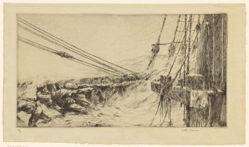 Men pulling on a rope while their ship floods