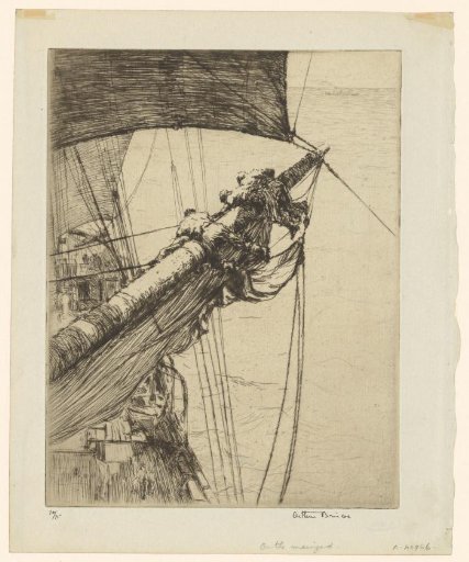 Three Men Leaning Over a High Beam with Sail on a Ship