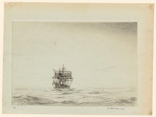 Damaged ship at sea after a storm