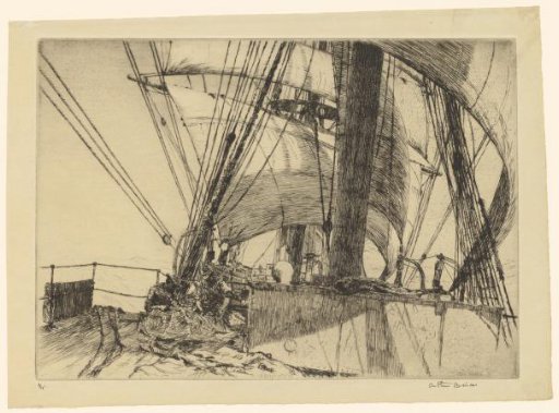 Two men repairing a sail on board a ship