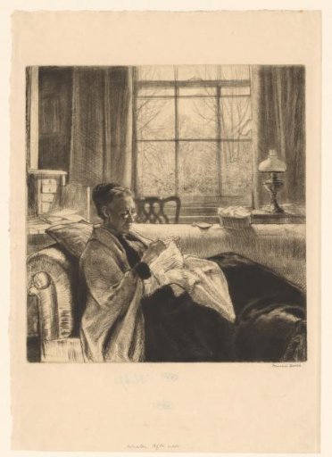 Portrait of an Unknown Woman Sewing on a Bench in Front of the Window