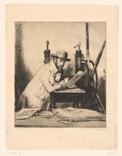 Portrait of Muirhead Bone leaning on his etching press