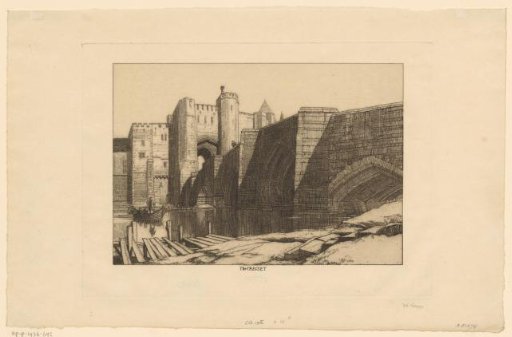 Rowing boat on a river near a stone bridge and walled town