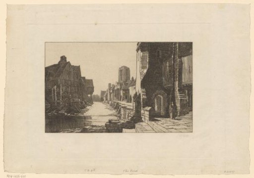 Town view with a path leading towards a stream