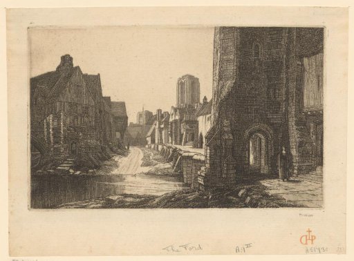 Town view with a path leading towards a stream