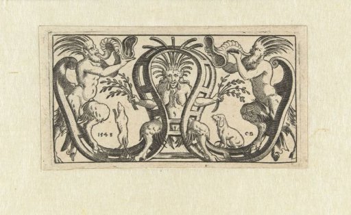 Old female satyr, seated in a loop of scrollwork