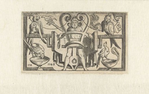 Man trapped in scrollwork and surrounded by birds