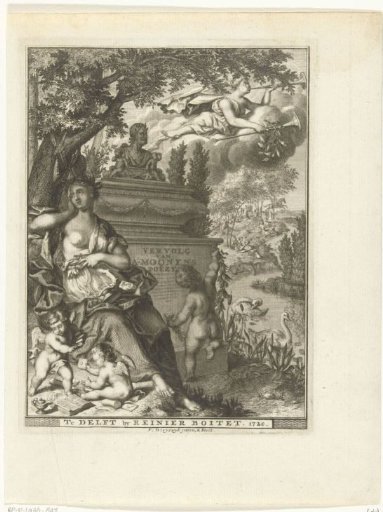 Muse and putti sit by the grave monument of poet Arnold Moonen