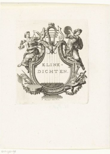Title vignette with a frame in the shape of a lyre containing two musical women and musical instruments