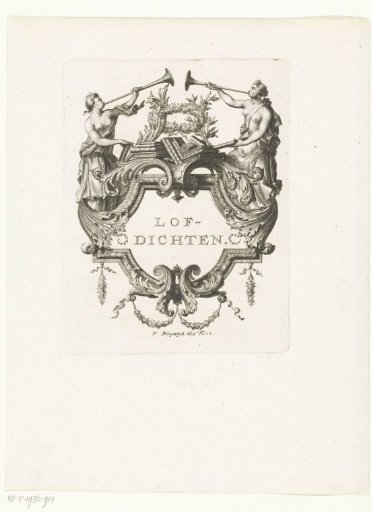 Title vignette with a frame containing two women as personifications of Fame