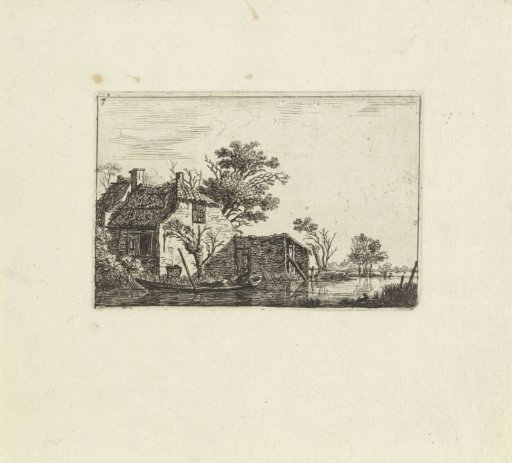 Farm by the water and fisherman in a boat