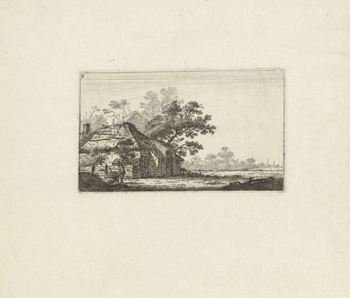 Landscape with farm and farmer with wheelbarrow