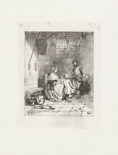 Three figures in a kitchen interior