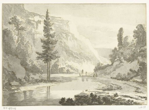 Mountain landscape with shepherds on a riverbank
