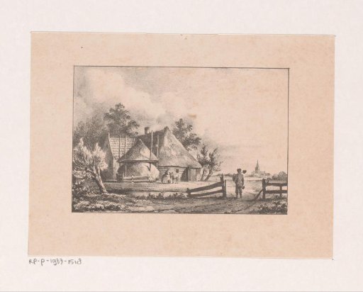 Farmhouse with hay barn and figures