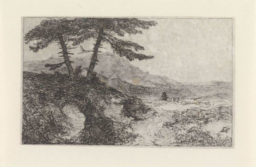 Landscape with two pines on a hill
