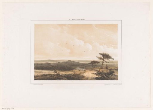 Heath landscape with a resting walker and shepherd with a flock