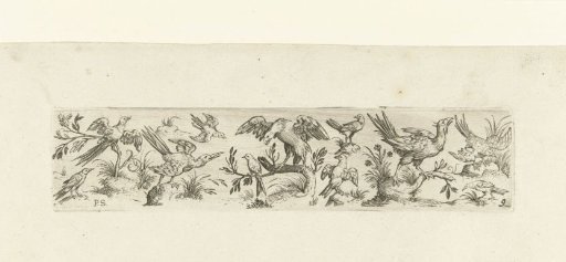 Frieze with eleven birds, with a large bird standing on a branch in the center