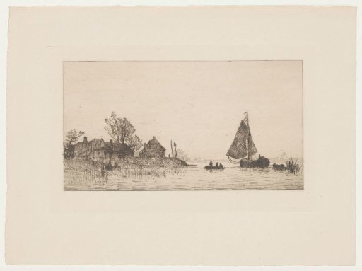 River landscape with sailing boat and two rowboats