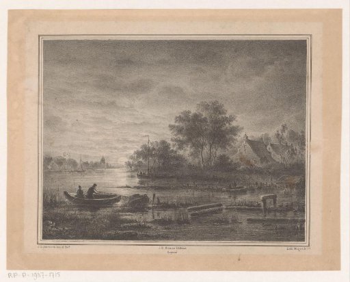 Rowing boats on river by moonlight