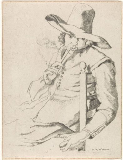 Man smoking a pipe with a tall hat sitting on a chair