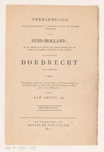 Title page for: Jan Smits, Treatise on the ancient state, the first population and earliest history of South Holland (...) and of the city of Dordrecht in particular, 1824