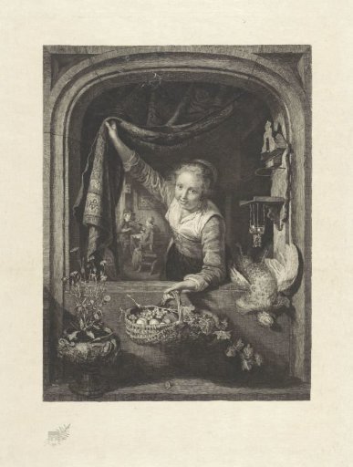 Woman with a fruit basket in a window