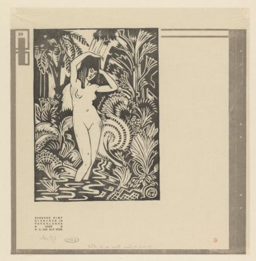 Nymph up to her ankles in the water in the forest
