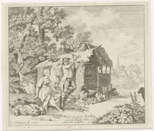 Shepherdess and a young man at a barn