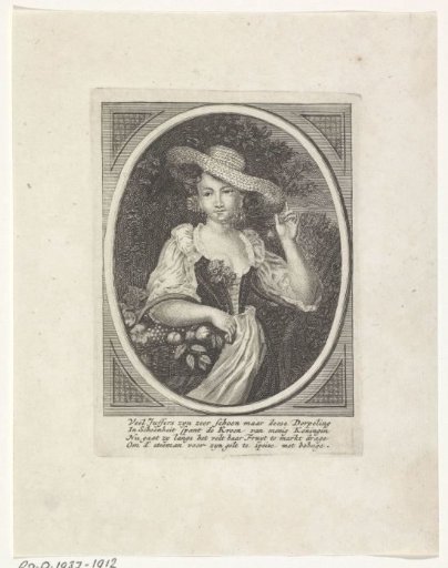 Woman with a fruit basket on her arm and a straw hat on her head