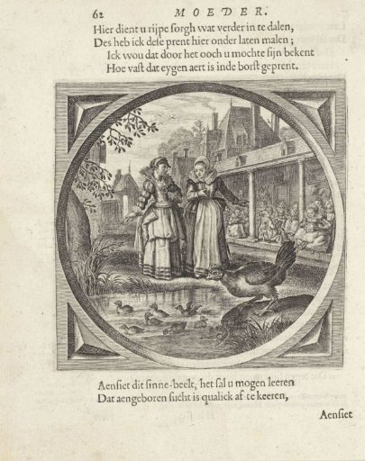 Two women with a hen with chicks on the water