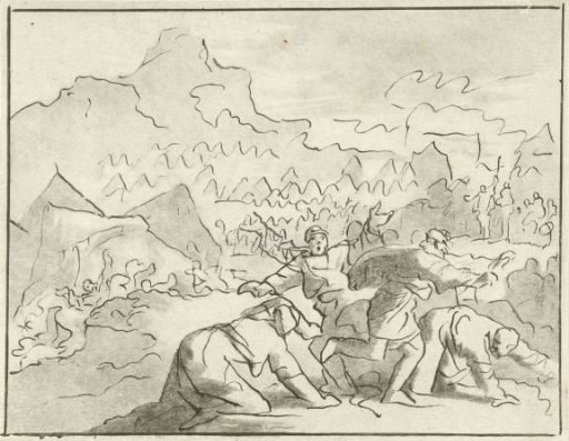 Running Figures, a Camp in the Background