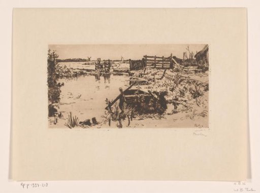 Polder landscape with meadows, ditch and rowing boat
