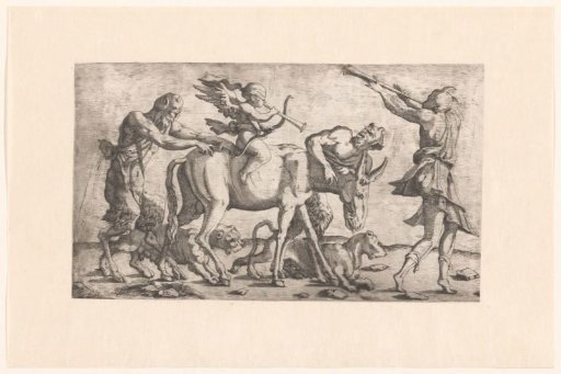 Procession with satyrs and a blindfolded Cupid on a donkey
