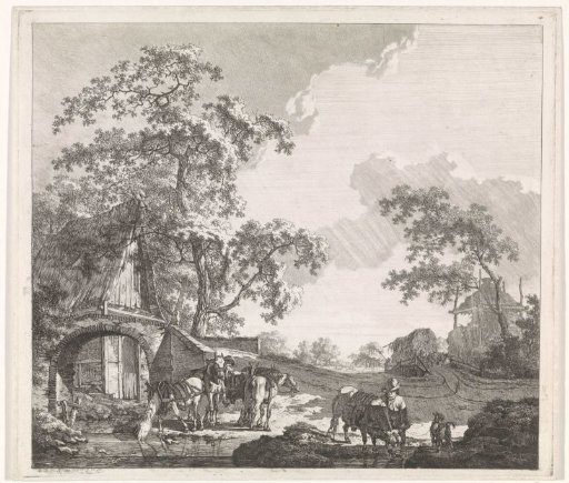 Peasants with horses and other livestock by a stream