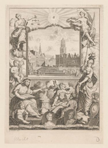 City View with the Dom Church in Utrecht and an Allegory with Minerva and Virtues