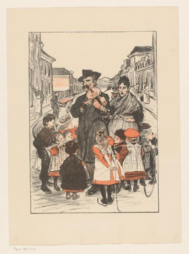 Group of Children Around a Street Musician with a Violin