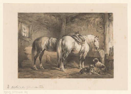 Two Horses and Dogs in a Stable