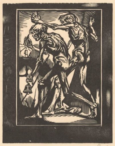 Two nude male figures with bell and candle snuffer
