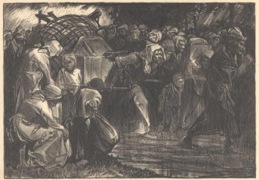 Refugees with a heavily laden handcart
