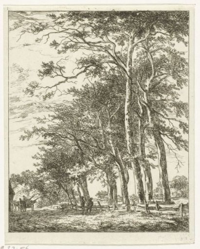 Two standing figures near tall trees