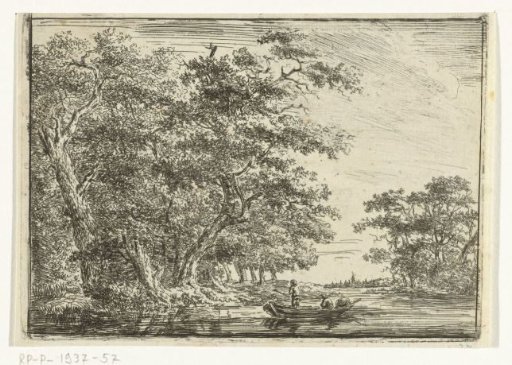 Fishermen in a small boat at a wooded bank