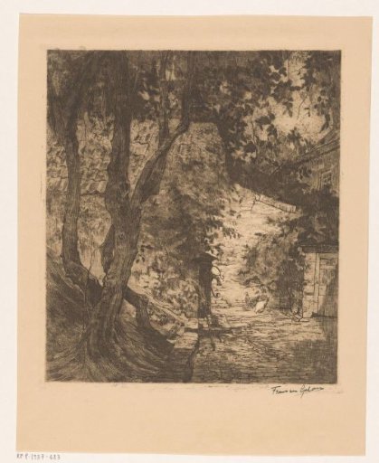 Courtyard with trees, water pump and chickens
