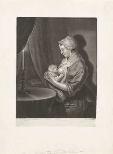 A Woman Breastfeeding a Child, by Candlelight
